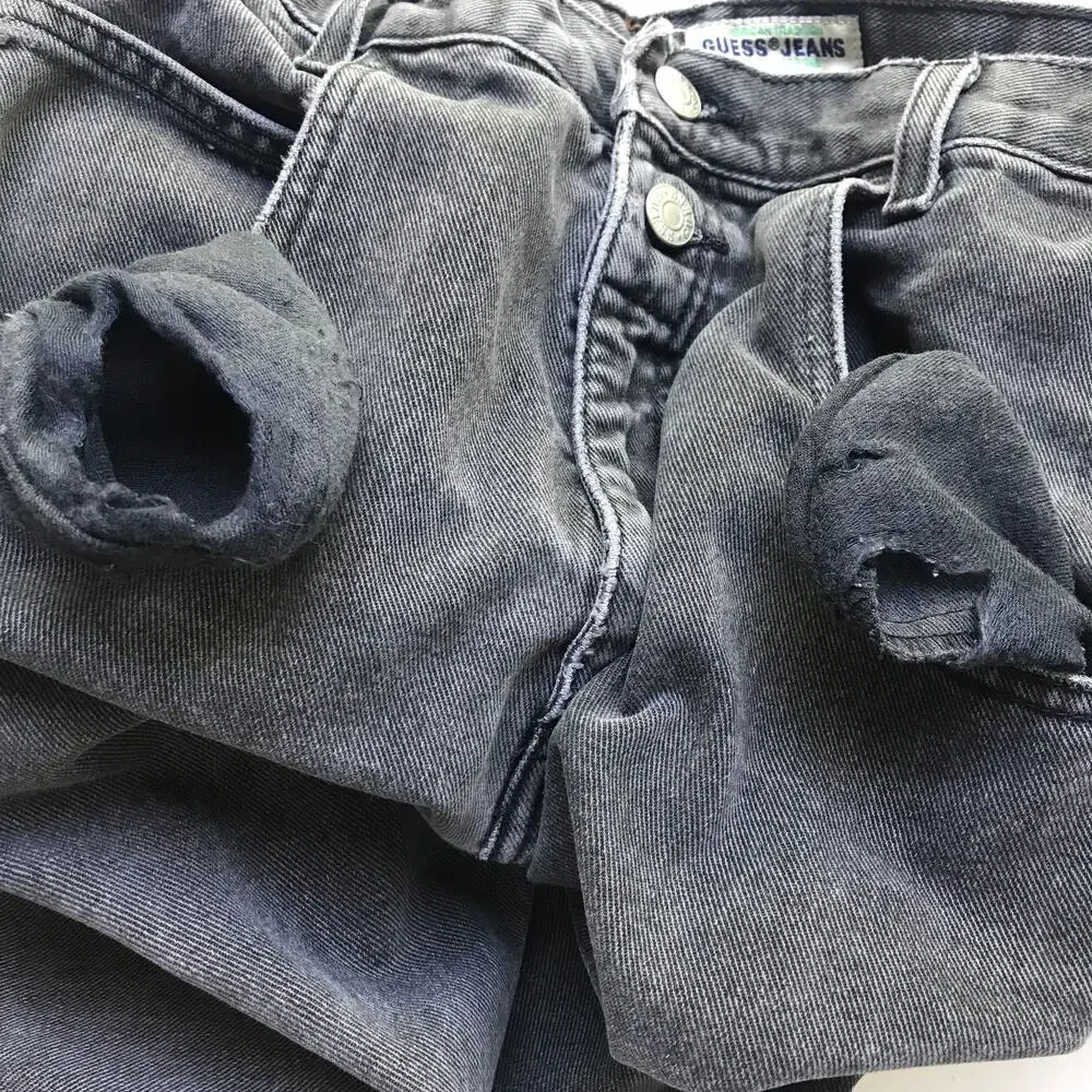 Vintage Men's Guess Jeans Faded Black Cotton Denim Thrashed Grunge USA Made 30